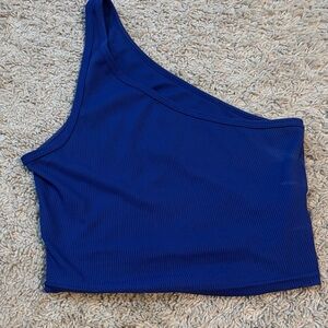 One-Shoulder Blue Ribbed Top